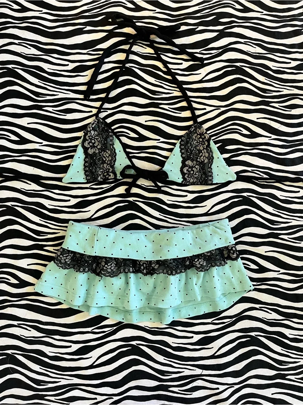 Teal polka dot mini skirt and bikini top set